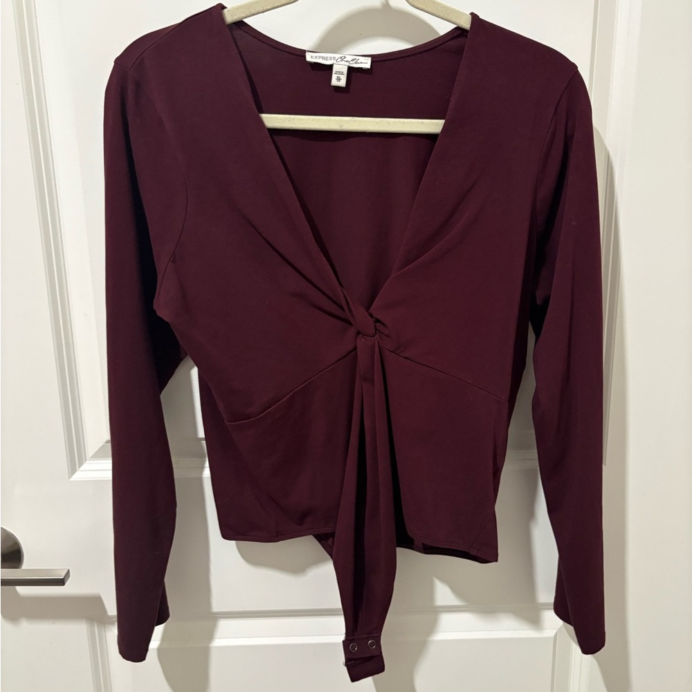 Express Deep Plum Twist-Front Long Sleeve Blouse
